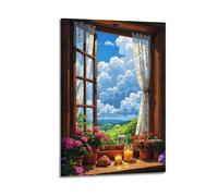 Poster decorativo da parete su tela, stile moderno, motivo: piante aperte sulla finestra, fiori e nuvole, danza pastorale, decorazione poetica, 40 x 60 cm, con cornice