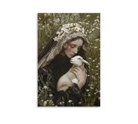 Poster decorativo decorativo da appendere con la Vergine che culla un agnello appena nato in un prato e persino le spine fioriscono in sua presenza. Poster decorativo da appendere in stile