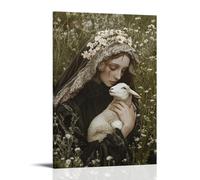 Poster decorativo decorativo da appendere con la Vergine che culla un agnello appena nato in un prato e persino le spine fioriscono in sua presenza. Poster decorativo da appendere in stile