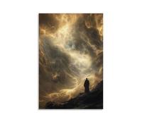 Poster decorativo decorativo da appendere in stile contemporaneo, con pergamene di luce che turbinano attraverso un cielo tempestoso, guidati da angeli verso una cima della montagna dove un monaco