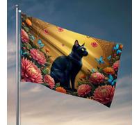 Poster divertenti per dormitorio universitario, un gatto nero circondato da fiori vivaci e farfalle. Poster decorativo da appendere per esterni, per dormitorio universitario (120 x 180 cm)