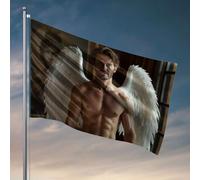 Poster divertenti per dormitorio universitario, un uomo muscoloso con ali bianche si trova in una stanza elegante. Bandiera accessori per camera da letto bandiere all'aperto (120 x 180 cm)