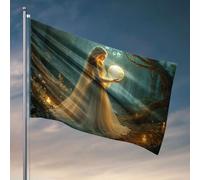 Poster divertenti per dormitorio universitario Una donna in un abito che scorre tiene una sfera luminosa in una foresta mistica. Bandiera divertente da giardino bandiere Country Boy (60 x 90 cm)