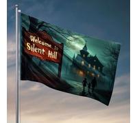 Poster divertenti per dormitorio universitario Welcome to Silent Hill cartello con casa spettrale sullo sfondo. Bandiera divertente bandiere da giardino bandiere country boy (120 x 180 cm)