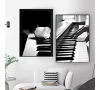 Poster e stampe su tela con pianoforte in bianco e nero con fiori e musica, quadri da parete per la decorazione della casa, 50x75 cm, 2 pezzi senza cornice
