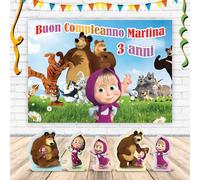 Poster in Carta Stampata Alta risoluzione cm L140 x H100 - Masha e Orso Personalizzato Compatibile + Set 5 Sagome in polistirolo 15 cm