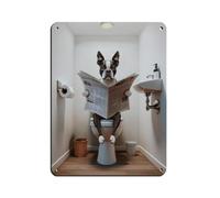 Poster in metallo retrò con fotografia di Boston Terrier che legge il giornale sulla toilette, decorazione da parete per bar, grotta di famiglie, garage, 30 x 40 cm