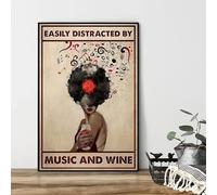 Poster Metallo Vintage Targhe Metallo Retrò Targa Con Stampe 20X30Cm Musica Vintage, Facilmente Distratto Dalla Musica E Dal Vino Stampa Vintage, Ragazza Con Arte Del Vino, Idea Regalo Musicale