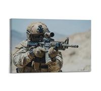 Poster militare con soldato in pieno - Gear Mirando fucile, realistico e intenso, un must - have per gli appassionati. Poster decorativo da parete su tela e decorazione moderna per camera da letto