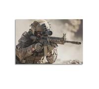 Poster militare realistico con un soldato in azione, fucile di mira, perfetto per decorazioni a tema militare. Poster decorativo da parete su tela e decorazione moderna per la camera da letto della