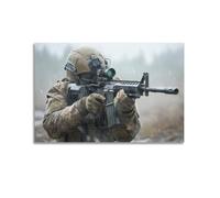 Poster militare realistico con un soldato in azione, puntando il fucile sotto la pioggia, perfetto per gli appassionati. Poster decorativo da parete su tela e decorazione moderna per la camera da