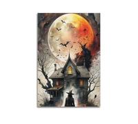 Poster moderno da parete per camera da letto, poster di Halloween, combinazione di strega e castello sotto la luna è misterioso e ha un'atmosfera festiva, decorazioni per Halloween, 60 x 90 cm, senza