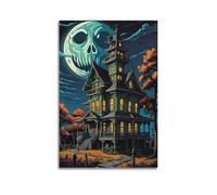 Poster moderno da parete per camera da letto, poster di Halloween, combinazione di teschio, luna e castello è misterioso e ha un'atmosfera festiva, decorazioni per Halloween, 20 x 30 cm, senza cornice