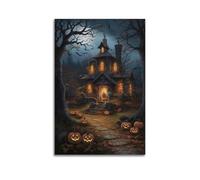 Poster moderno da parete per camera da letto, poster di Halloween, combinazione di teste di zucca e castello è strano e ha un'atmosfera festiva, decorazioni per Halloween, 50 x 75 cm, senza cornice