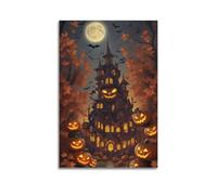 Poster moderno da parete per camera da letto, poster di Halloween, combinazione di teste di zucca e castello è vivace e ha un'atmosfera festiva, decorazioni per Halloween, 30 x 45 cm, senza cornice