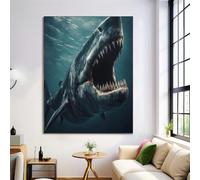 Poster Murali Blu Scuro Megalodonte Antico,Immagine Su Tela Vita Marina Stampa Artistica Parete Pittura Decorazione Soggiorno Per Camera Da Letto 80X120Cm Senza Cornice