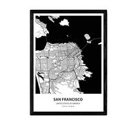 Poster Nacnic con la mappa di San Francisco - USA. Fogli città degli Stati Uniti con i mari e fiumi, in colore nero. formato A3