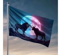 Poster per dormitorio universitario per ragazzi, leone e gnu sotto una luna colorata. Bandiera estiva bandiere decorative per la casa (30 x 45 cm)