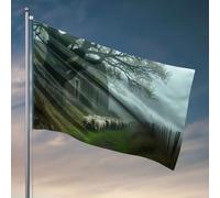 Poster per dormitorio universitario per ragazzi, pecore che camminano lungo un sentiero nebbioso. Bandiera estiva bandiere decorative per la casa (120 x 180 cm)