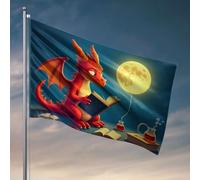 Poster per dormitorio universitario per ragazzi Un drago rosso che legge sotto una luna piena. Bandiere per stanza bandiere divertenti per i ragazzi (30 x 45 cm)