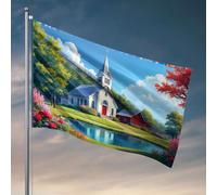 Poster per dormitorio universitario per ragazzi, una chiesa pittoresca con fiori vivaci e uno stagno sereno. Bandiere per stanza bandiere divertenti per i ragazzi (30 x 45 cm)