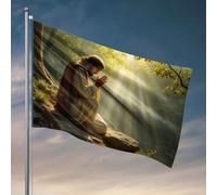 Poster per dormitorio universitario per ragazzi una persona in vesti si inginocchia da un ruscello sereno della foresta, immerso nella luce dorata. Bandiera estiva bandiere decorative per la casa (152