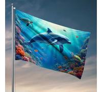 Poster per dormitorio universitario, vita oceanica, delfini e tartarughe nella barriera corallina, bandiera della palestra, decorazione per cabe (152 x 244 cm)