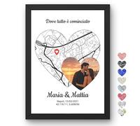 Poster personalizzato mappa cuore con foto per coppia - Quadro con immagine e coordinate GPS luogo speciale con o senza cornice - Carta Tela Plexiglass - Regalo romantico anniversario San Valentino