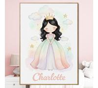 Poster personalizzato nome Principessa dai capelli neri con o senza Cornice pastello acquerello fata ragazza Poster Tela o Plexiglass regalo nascita compleanno Natale camera bambini