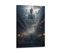Poster religioso con il monaco che cammina verso la statua di Buddha, decorazione artistica da parete su tela, poster artistico, 60 x 90 cm