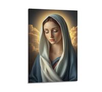 Poster religioso con immagine della Vergine Maria al tramonto e nuvole con mantello bianco e blu, accappatoio rosso con occhi chiusi, poster artistico da parete su tela per soggiorno e camera da letto