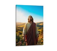 Poster religioso con immagine di Gesù con campo di fiori e mantello marrone, stampa artistica da parete su tela, per soggiorno, camera da letto, 60 x 90 cm, con cornice