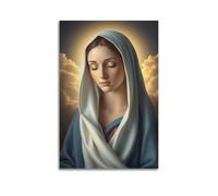 Poster religioso con Vergine Maria al tramonto e nuvole con mantello bianco e blu, accappatoio rosso, occhi chiusi, poster artistico da parete su tela per soggiorno e camera da letto (20 x 30 cm