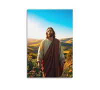 Poster religioso, stampa artistica da parete su tela, motivo Gesù con campo di fiori e mantello marrone, per soggiorno e camera da letto, 20 x 30 cm, senza cornice