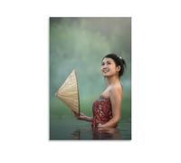 Poster retrò con ragazza nel lago natura sorridente cappello conico signora ritratto guardando verso il cielo poster arte vintage arte da parete, decorazione estetica, soggiorno, camera dei bambini