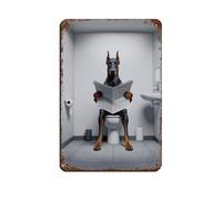 Poster retrò in metallo con fotografia di un dobermann che legge il giornale sulla toilette, decorazione da parete per bar, grotta, bar, famiglia, garage, 20 x 30 cm