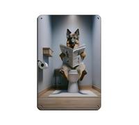 Poster retrò in metallo con immagine di un pastore tedesco che legge il giornale sulla toilette, decorazione da parete per bar, grotte, bar, famiglia, garage, 20 x 30 cm