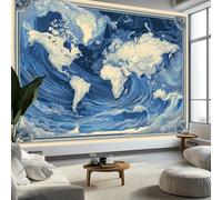 Poster Retrò Mappa Del Mondo Con Onde Oceaniche Carta Da Parati 3D Fotomurale Murali 200 x 140 cm, Moderna Fotomurali Murales Blu Poster Muro - Soggiorno Divano Tv Hotel A Tema Corridoio