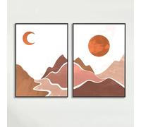 Poster semplice astratto retrò con fiume di montagna, sole e luna, paesaggio, dipinto, arte murale per la casa, decorazione del soggiorno, 40x60 cm (16x24 pollici) x2 con cornice