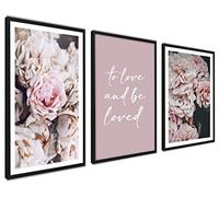 Poster Set Fiori Rosa Peonie | 3 pezzi 30x40cm DIN A3 | Con La Parola Amore Decorazioni da Muro per Soggiorno, Camera da Letto e Cucina | senza cornici