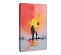 Poster su tela ad acquerello con padre e figlio che camminano al tramonto, decorazione per camera da letto, ufficio, camera da letto, regalo, 60 x 90 cm