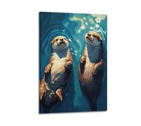 Poster su tela con animali con lontre e margherite che galleggiano nell'acqua, immagine artistica da sogno e fauna selvatica, decorazione per camera da letto per la famiglia, 40 x 60 cm
