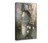 Poster su tela con cigno sotto il ponte di pietra, decorazione per camera da letto, ufficio, camera da letto, regalo, 30 x 45 cm