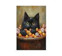 Poster su tela con gatto di Halloween nella ciotola di caramelle, decorazione per camera da letto, ufficio, camera da letto, regalo, 30 x 45 cm