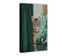 Poster su tela con gatto dietro le tende, decorazione per camera da letto, ufficio, camera da letto, regalo, 20 x 30 cm