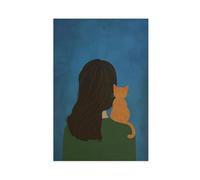 Poster su tela con il gatto e la giovane ragazza, decorazione per camera da letto, ufficio, stanza, regalo, 50 x 75 cm