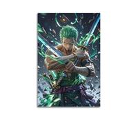 Poster su tela con immagine di One Piece, Zoro con tre spade verdi, energia avvolta intorno alla lama, poster su tela per soggiorno, camera da letto, sala giochi, ufficio, 60 x 90 cm