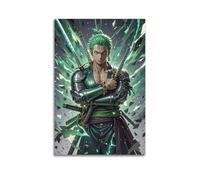 Poster su tela con immagine di One Piece, Zoro con tre spade verdi, energia avvolta intorno alla lama, poster su tela per soggiorno, camera da letto, sala giochi, ufficio, 60 x 90 cm