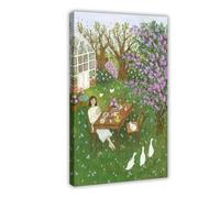 Poster su tela con immagine di una donna che si gode il tè pomeridiano sotto un albero di lilla, decorazione per camera da letto, ufficio, camera da letto, regalo, 50 x 75 cm