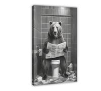 Poster su tela con orsetto che legge il giornale sulla toilette, decorazione per camera da letto, ufficio, camera da letto, regalo, 40 x 60 cm